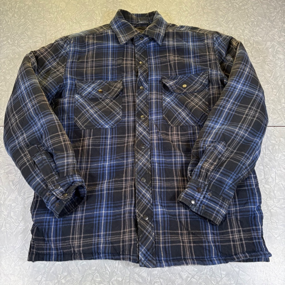 Oakwood Mountain Mens Blue Plaid Quilted Flannel Shirt Jacket Small Snap Front